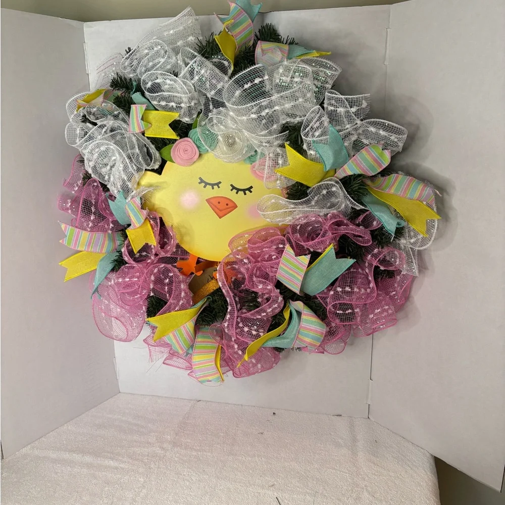 Pastel Chick Spring Wreath with Pink, Yellow & Mint Accents